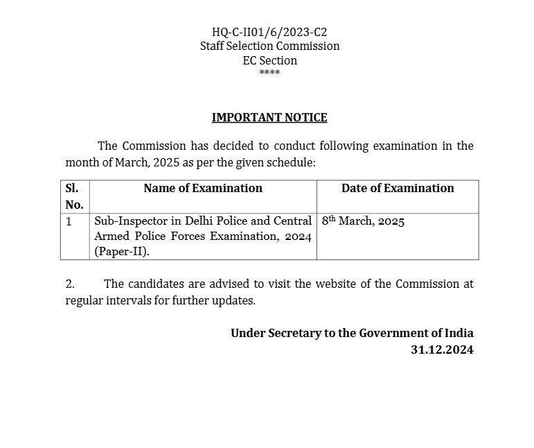 ssc cpo 2025 paper 2 exam date schedule notice