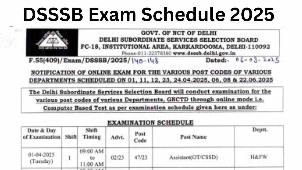DSSSB Exam Schedule 2025: डीएसएसएसबी ने जारी किया 2025 परीक्षा का शेड्यूल, देखें पूरा एग्जाम टाइम टेबल