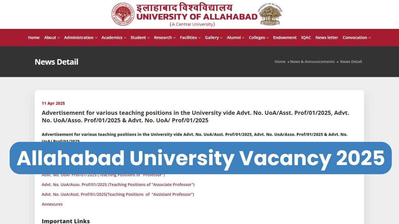 Allahabad University Vacancy: इलाहाबाद यूनिवर्सिटी में निकली 300 से अधिक पदों के लिए प्रोफेसर भर्ती, जानें आवेदन का पूरा प्रोसेस