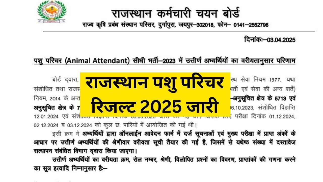Rajasthan Animal Attendant Result 2025